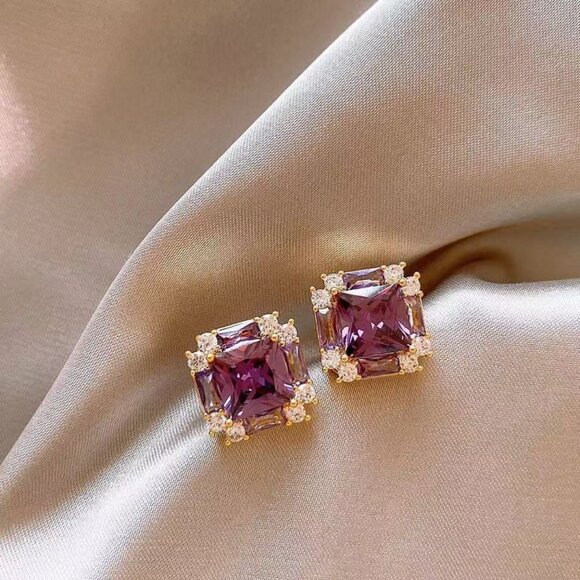 NEW Art Deco Amethyst Purple Crystal Luxe Square Stud Earrings - Picture 2 of 4